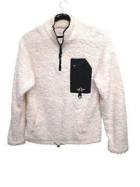 18 East White Fleece 1/4 Quarter Zip Pullover Mens Sz M Ivory Block-Print Inset